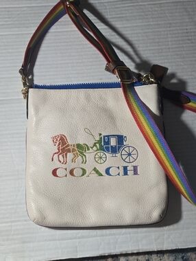 COACH White Leather Crossbody Bag with Rainbow Logo and Strap